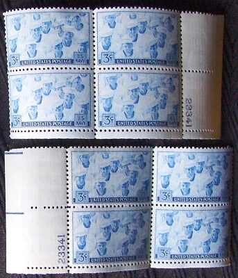 US 3¢ stamp, SC #935 Navy US Sailors MNH 1945. 2 plate blocks w/ matching number - Image 1 of 3
