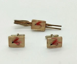 DE COLECCIÓN PARA HOMBRES GEMELOS CORBATA CLIP CONJUNTO ROJO MOSCA PEZ SEÑUELO TONO DORADO - Imagen 1 de 6