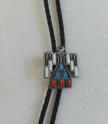 vtg FORITT GEOMETRIC PHOENIX  BIRD TURQUOISE/CORAL FAUXE STONES BOLO TIE PENDANT - Image 1 of 4