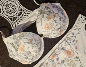 Boho Crochet bikini Set H&M Rücken Häkel Spitze Weiß Natur 38 Bügel BH 75B NEU - Bild 1 von 3