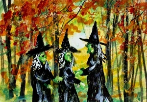 Original ACEO Painting WITCH Halloween Autumn Graveyard Fall Tree Leaf ATC ART - Picture 1 of 1