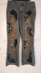 Pantalones de mezclilla acampanados vintage Mixit victorianos con adornos de terciopelo cachemira Y2K nuevos con etiquetas - Imagen 1 de 8