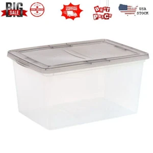 58 Qt Stackable Storage Box Clear Plastic Home Organizer Bins with Lids Gray US - Picture 1 of 8