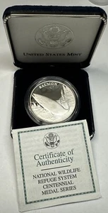 2003 NATIONAL WILDLIFE REFUGE SYSTEM CENTENNIAL SALMON SILVER PROOF MEDAL W/OGP! - Imagen 1 de 4