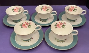 (5) Homer Laughlin Empire Green Footed Cup & Saucer Sets Semi-Vitreous Century - Picture 1 of 12