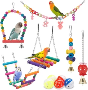 Bird Parakeet Toys,11 Pcs Swing Hanging Standing Chewing Toy Hammock Climbing La - Picture 1 of 7