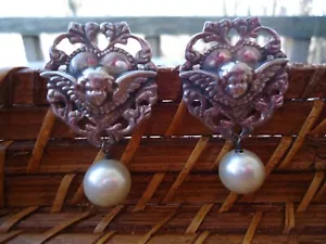 Orecchini angelo cherubino cuore 925 pendenti perle finte vintage argento ornato goffrato - Foto 1 di 6