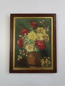 Vintage Chrysanthemums Watercolour Painting Oak Framed Flowers19” X 15” - Picture 1 of 10