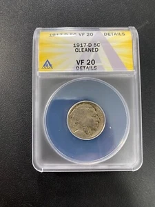 1917 D BUFFALO NICKEL ANACS VF-20 DETAILS - BETTER DATE - BUFFALO - SLABBED - 5C - Picture 1 of 2