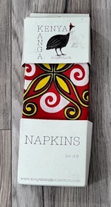 NIP - Kenya Kanga Red White Yellow Cotton Square 16x16 Napkins Set of 6 - Picture 1 of 3