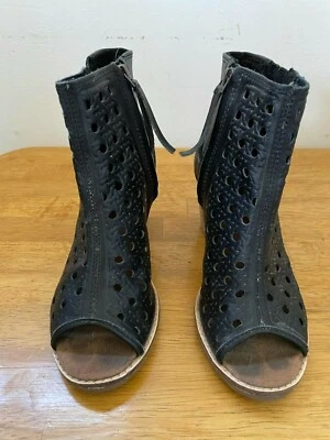 Toms Black Leather Basket Weave Women's Majorca Peep Toe Booties - Image 1 of 4