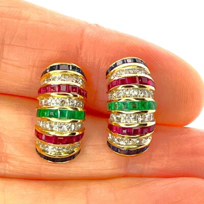 NATURAL Ruby Emerald Blue Sapphire Diamond Stud Earrings 14K gold Stripey Stripe - Image 1 of 4