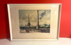 Aquarell Gemälde Pariser Szene Radierung, Place de la Concorde Künstler signiert - Bild 1 von 8
