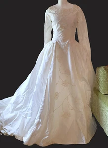 1960s Satin Pearl-Lace-Sequin Floral Trailing Center Wedding Gown w Train Vtg 10 - Picture 1 of 23