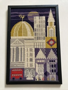 Vintage Completed Tapestry Canvas Picture London Scene Signed Framed 70s - Picture 1 of 9