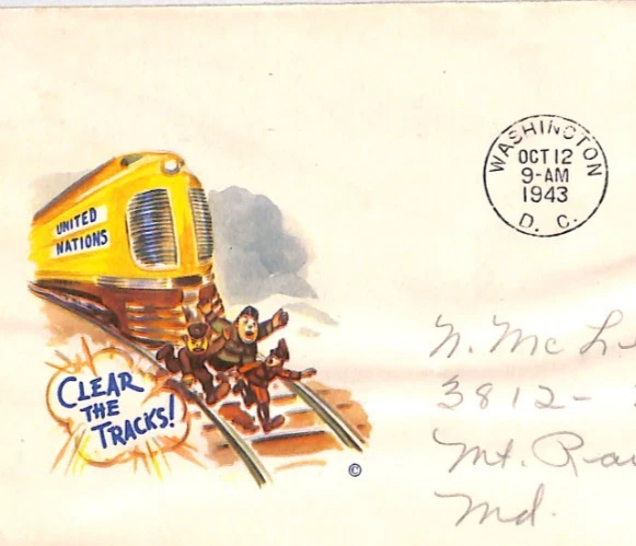 USA WW2 PROPAGANDA *CLEAR THE TRACKS* Cover 1943 FDC GREECE/UNITED NATIONS XU197 - Image 1 of 4