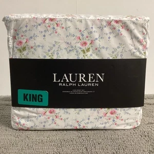 NWT RALPH LAUREN Pink Daisy & Blue Floral 100% Crisp Cotton King Sheet Set - Picture 1 of 4