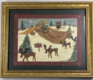 Weihnachtsengel Bild am Elchübergang signiert Gloria Bowlin gerahmt Volkskunst - Bild 1 von 10