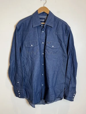 Vintage Men’s Wrangler Denim Jean Pearl Snap Western Shirt 90s Sz L Dark Wash - Image 1 of 4