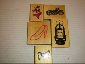 ASST WOODEN RUBBER STAMPS: LANTERN, MOTORCYCLE,SHOE, BIKINI, BOW TIE (LOT OF 5) - Picture 1 of 3