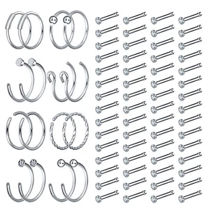 76PCS 20G Surgical Steel Bone Stud Nose Ring Set CZ Nose Hoop Nose Stud Piericng - Picture 1 of 6