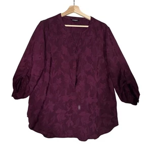 Roz & Ali Bluse Damen Gr. XL lila Stretch Blumen Schlitzausschnitt Rollriegelärmel - Bild 1 von 4