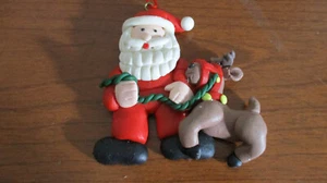 3.25" Sculptured Clay SANTA CLAUS & REINDEER Christmas ORNAMENT - Picture 1 of 4