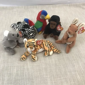 Ty Beanie Baby LOTTO di 6 Tropical (Pouch, India, Ziggy, Mel, Congo & Jabber) - Foto 1 di 5