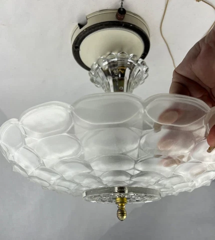 Vintage Antique Art Deco Ceiling Hanging 2 Light Fixture Glass 12" Diameter Cover