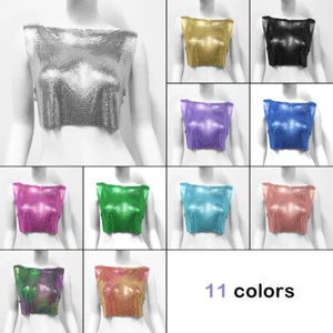 Glitter Metal Sequin Tank Top Women's Shirts Clubwear Night Party Crop top Tee - Picture 1 of 23