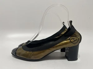 Vtg CHANEL METALLIC OLIVE GREEN BALLET HEELS 36 - Picture 1 of 9