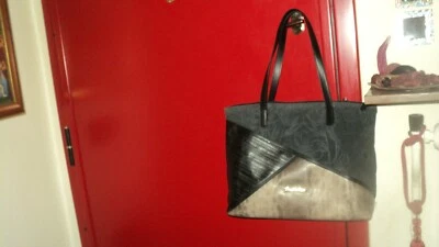 BRACCIALINI BROADWAY BLACK/BROWN PATCHWORK LEATHER/SUEDE CRAFTED HANDBAG *LARGE - Image 1 of 4