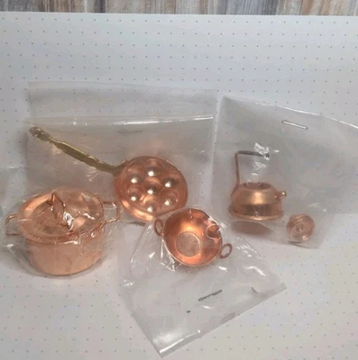 铜制厨房锅平底锅法国混合套装1:12娃娃屋微缩模型 — 第 1/4 张图片