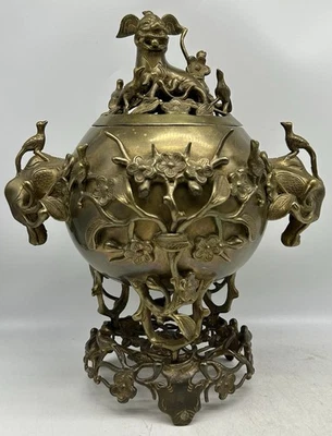 Antiguo quemador de incienso chino o vietnamita grande de latón, foo dog, incensario, pájaros Foto 1 de 4