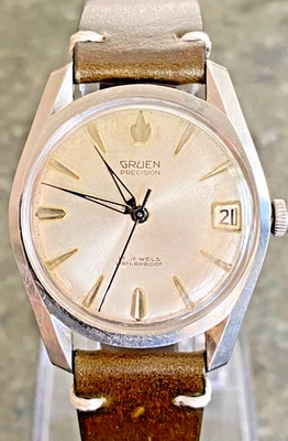 GRUEN PRECISION 17J años 60 cuerda manual con fecha. Totalmente reparado. Banda/Cristal Nuevo Foto 1 de 4