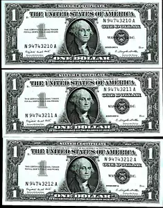 1957-a U.S. $1 Silver Certificates; 3 notes w/consecutive serial #'s @ Crisp Unc - Picture 1 of 2