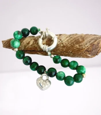 BRACCIALE IN MALACHITE E ARGENTO beaded BRACELET and silver heart pendant Italy - Immagine 1 di 4