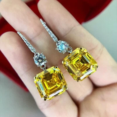 14K White Gold Plated 3Ct Lab Created Citrine Women's Drop Dangle Earrings - Image 1 of 4