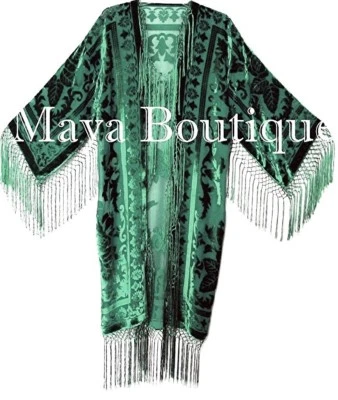 Emerald Green Kimono Long Fringe Jacket Burnout Velvet Maya Matazaro - Image 1 of 4