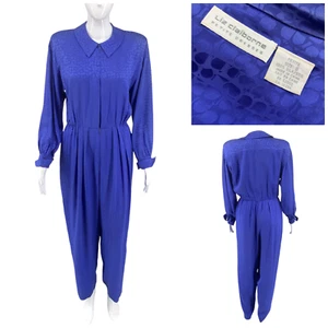 Vintage 1980's Liz Claiborne Sz 8P Petite 100% Silk Blue Geometric Jumpsuit - Picture 1 of 10