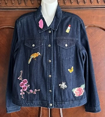 NY Collection Women's Denim Jacket Dk Blue Embroidery Sequins Snaps XL EUC - Image 1 of 4