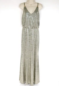 Calvin Klein Womens Maxi Dress 8 Gold Sleeveless Metallic V Neck Lined Stretch - Picture 1 of 13