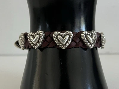 Brighton Silver Brown Leather Roped Heart Braid Bracelet Western Boho - Image 1 of 4