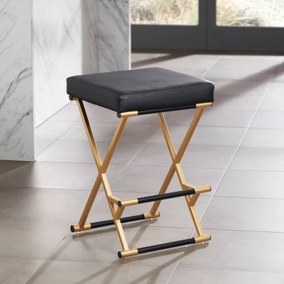 Carter Metal Bar Stool Gold 25" High Black Cushion for Kitchen Counter Island - Image 1 of 4