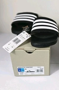 NWT Adidas Adilette Comfort UNISEX Slides Size 9/10 Black w/ White Stripe w box - Picture 1 of 6