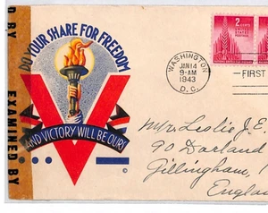 USA WW2 Cover *V FOR VICTORY* PROPAGANDA Censor 1943 FDC UNITED NATIONS XU204 - Picture 1 of 12