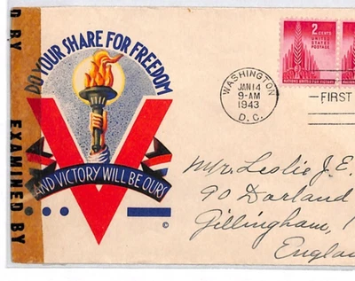 USA WW2 Cover *V FOR VICTORY* PROPAGANDA Censor 1943 FDC UNITED NATIONS XU204 - Image 1 of 4