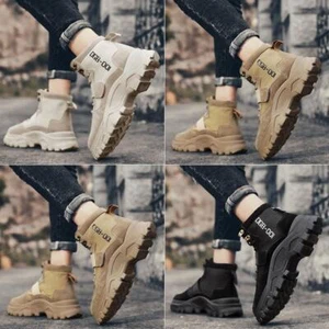 Men's High Top Tooling Boots with Round Toe and Low Heel Plain Pattern Front Tie - Picture 1 of 23
