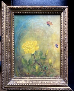 Oil Painting E. Sauter Yellow Rose Flowers with Insects Ladybug Butterfly - Picture 1 of 8