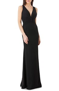 JS COLLECTIONS Black Pleated Bow Front Open Back Stretch Crepe Maxi Gown 8 = M - Picture 1 of 2